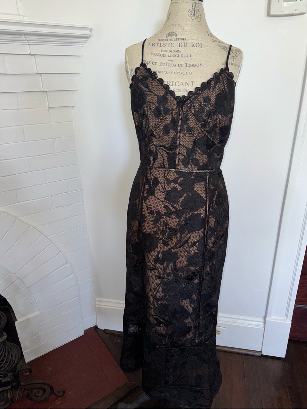 Black Lace Midi Dress with Nude Lining